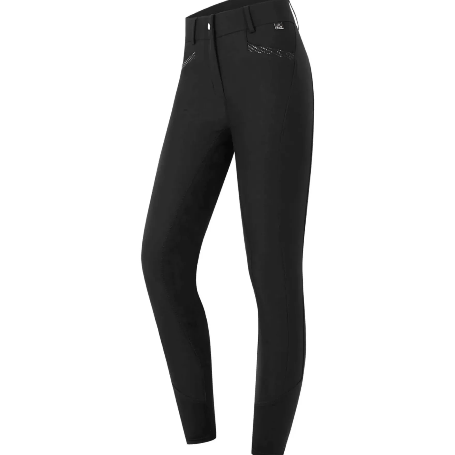 Reithose Damen Oktavia Curved High Waist, Vollbesatz, Lederbesatz, Kunstleder