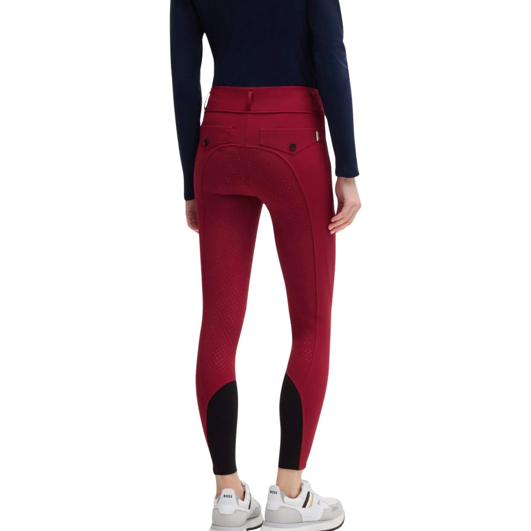 Reitleggings Damen Glitter Logo Red Dahlia Hybrid, Vollbesatz, Full-Grip, High Waist