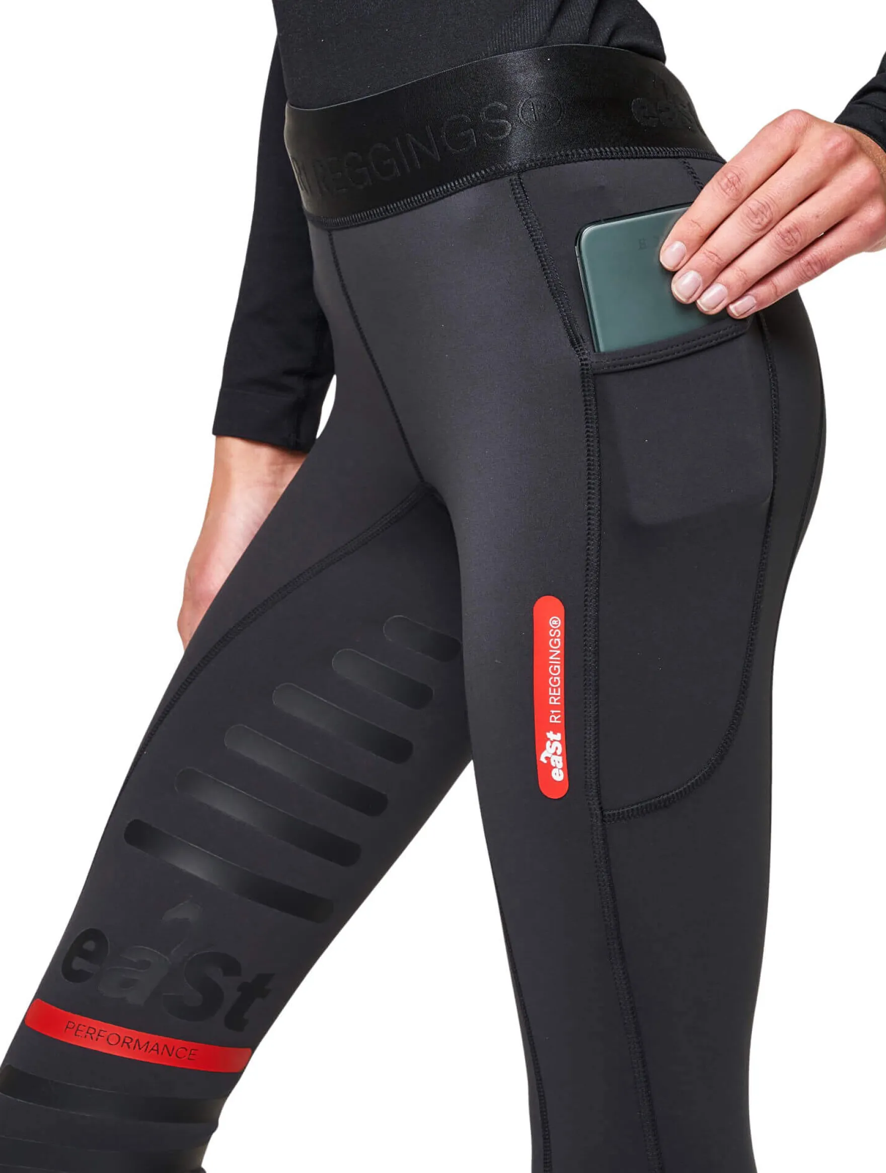 Reitleggings Damen Reggings R1 Mid Season, Kniebesatz, Knee-Grip