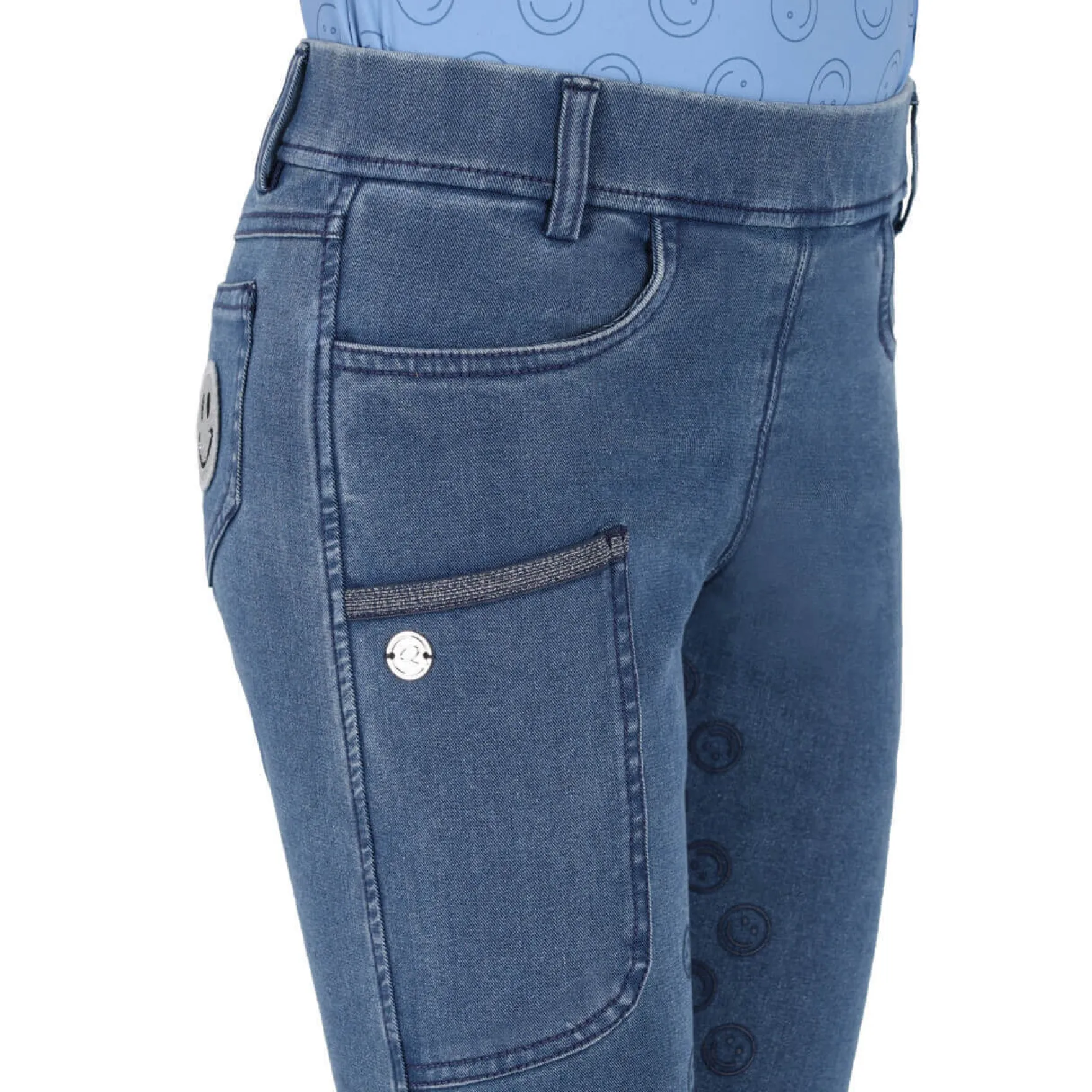 Reitleggings Mädchen Rosalynn Junior Denim FS26, Vollbesatz, Full-Grip