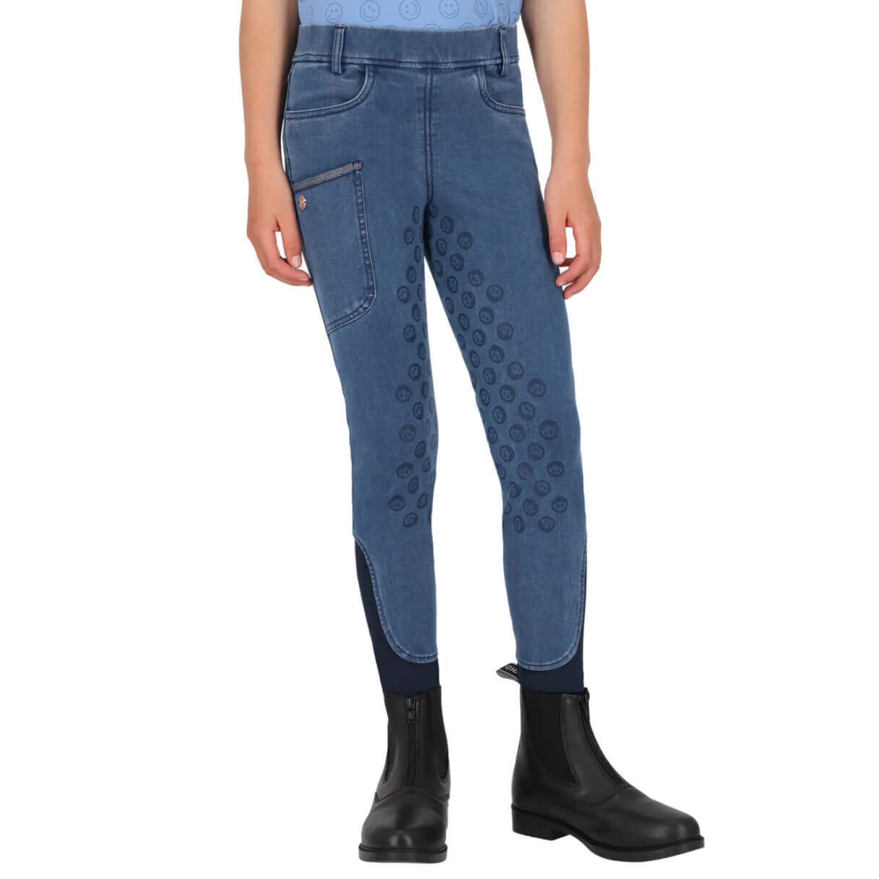 Reitleggings Mädchen Rosalynn Junior Denim FS26, Vollbesatz, Full-Grip